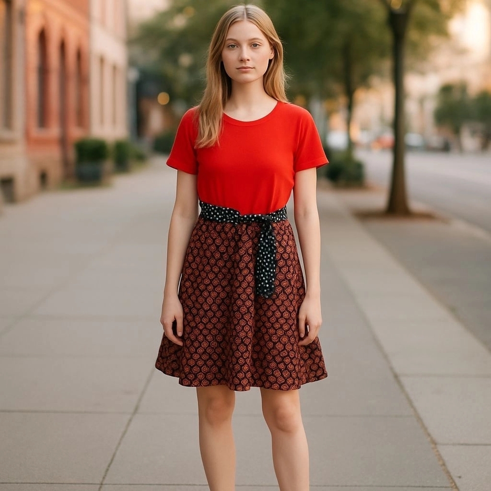 Bonnie Jean Red Top with Printed Circle Skirt and Black Polka Dot Waist Tie